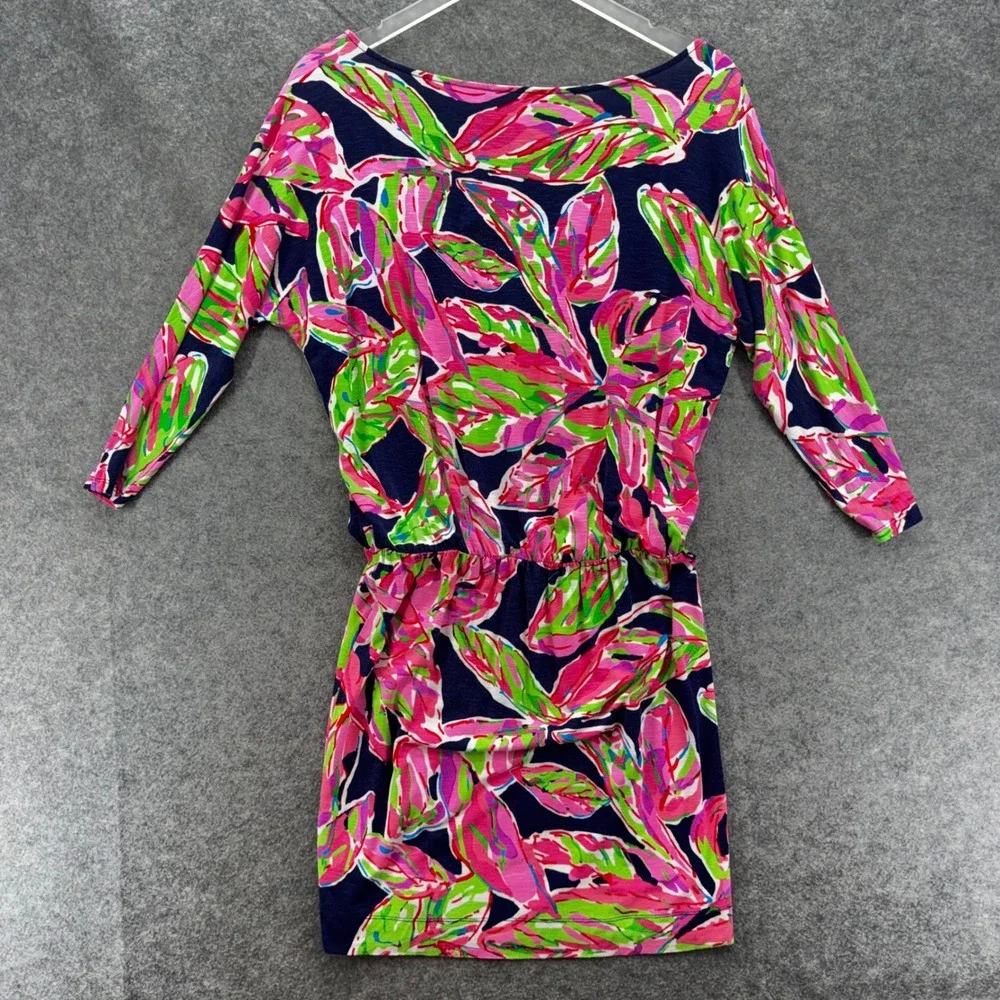 Lilly Pulitzer Cara In the Vias Mini Dress Size Small Pink Navy Palm Leaf Beach - Picture 6 of 10